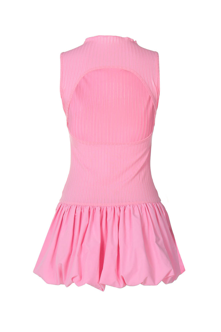 Mock Neck Cowl Back Knit Patchwork Ballon Dress White · L