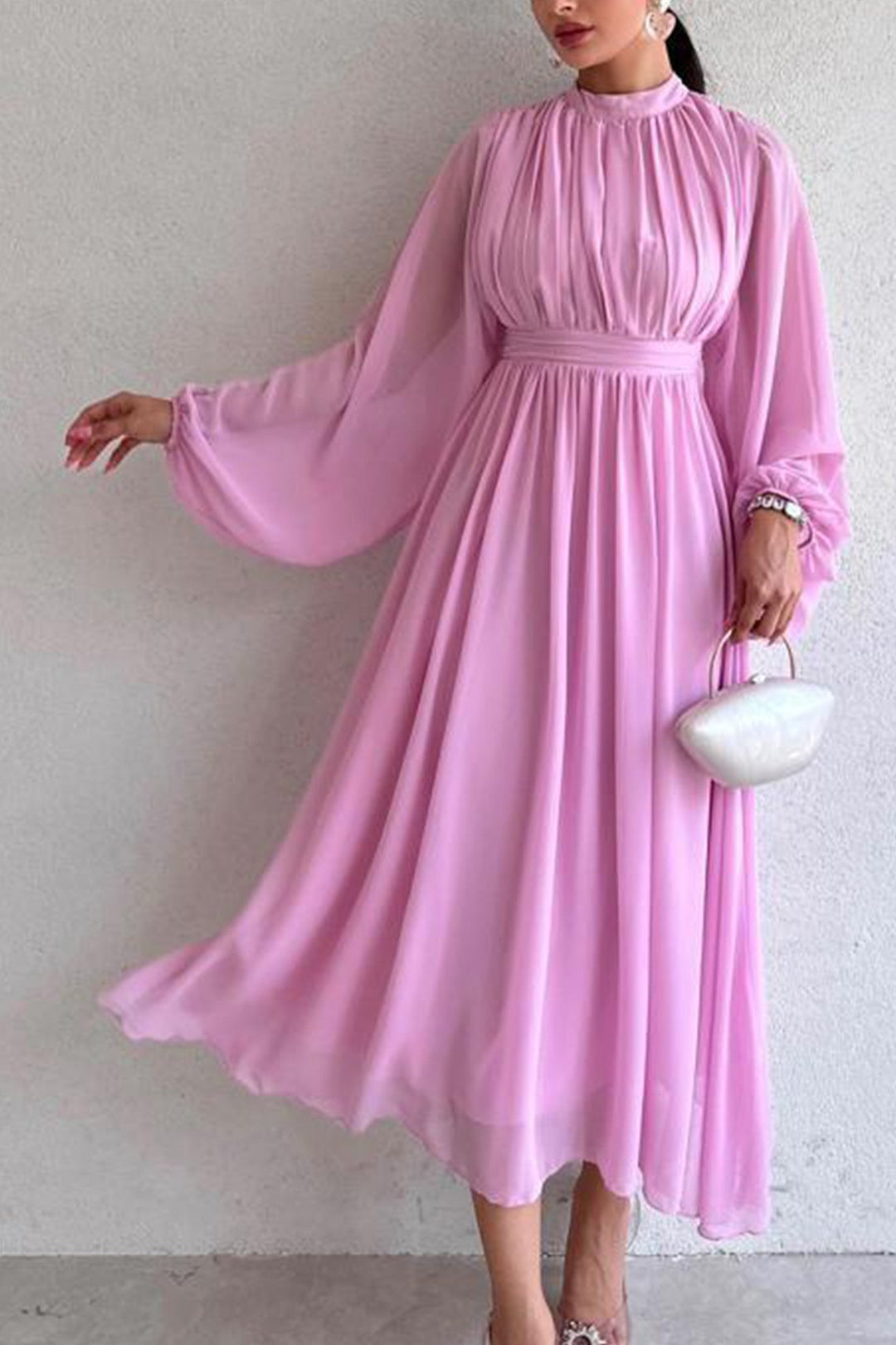 Mock Neck High Waist Pleated Maxi Dress White · S