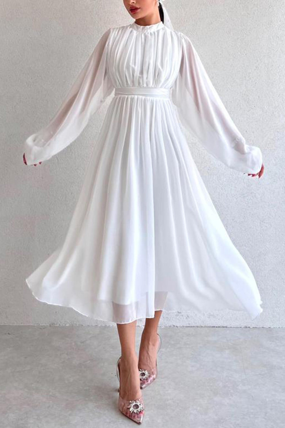 Mock Neck High Waist Pleated Maxi Dress