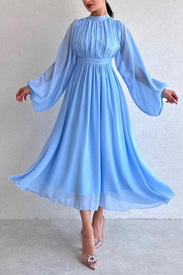 Mock Neck High Waist Pleated Maxi Dress White · L