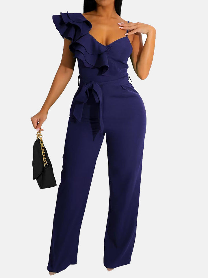 Ruffle Belted Wide Jumpsuit Wine Red-S / S