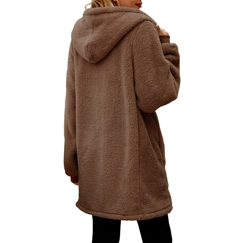 Loose-fit Fleece-Lined Long-Sleeve Hooded Zip-Up Cardigan Jacket