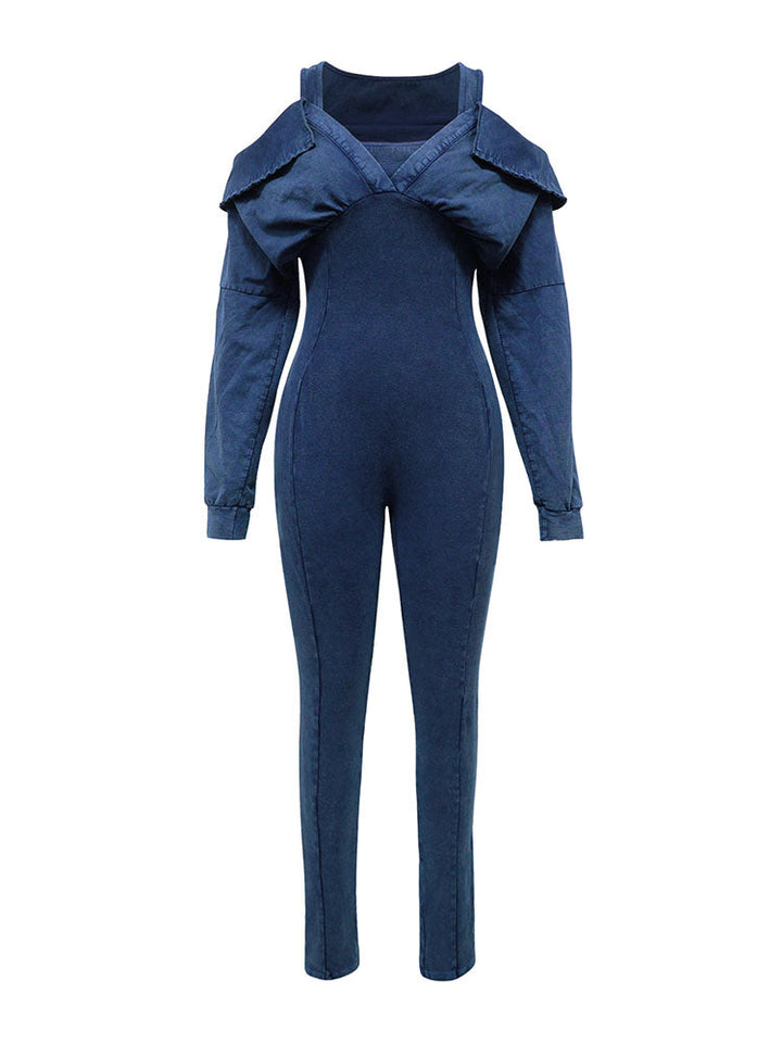 Washed Cold Shoulder Jumpsuit Black / L