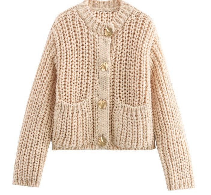 Button-Front Knit Cardigan with Long Sleeves