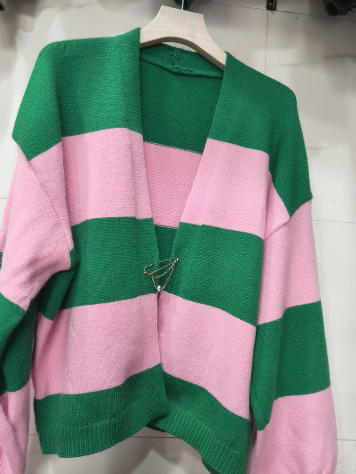 Contrast-Striped Cardigan Knit Sweater