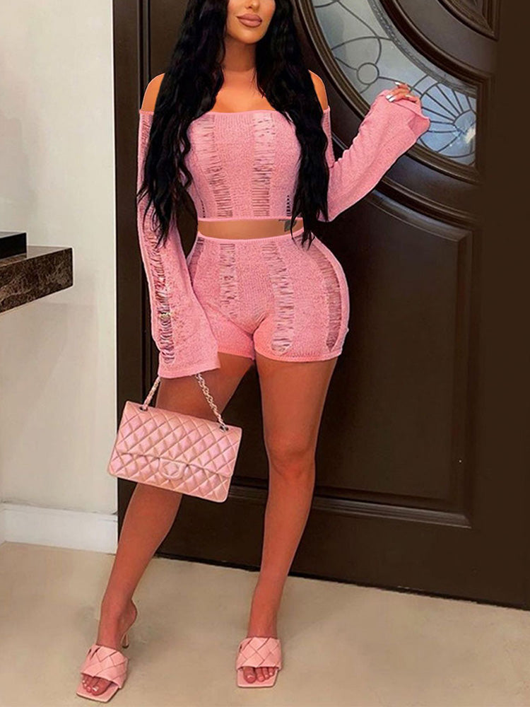 Off Shoulder Backless Shorts Set Pink / S