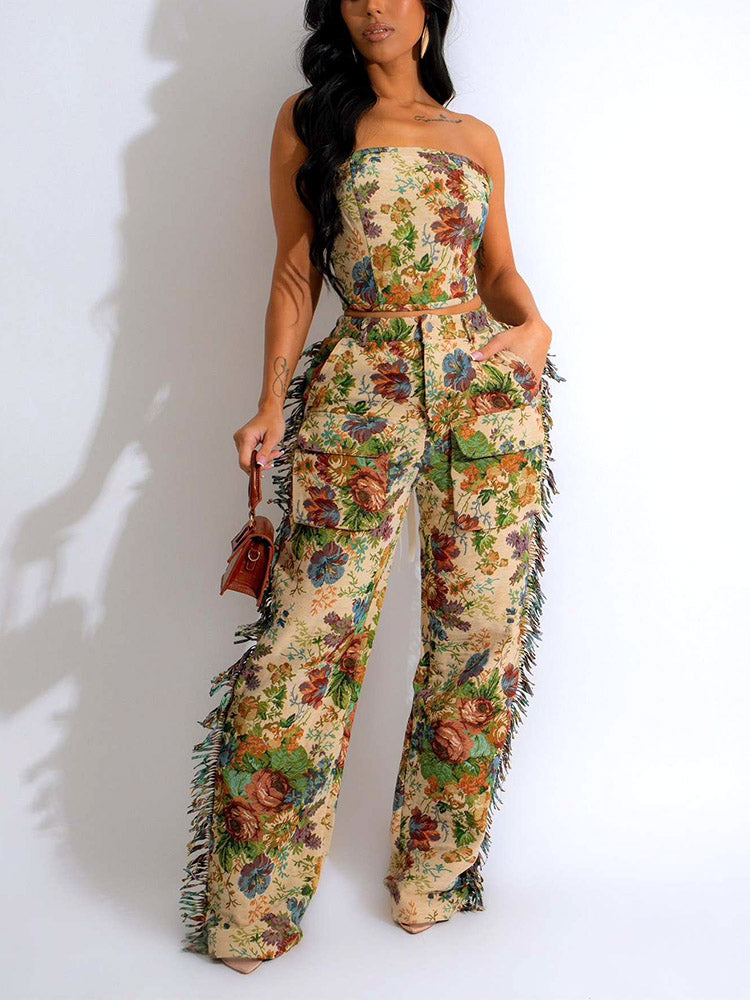 Vintage Tube Top & Fringe Pants Set Blue / L