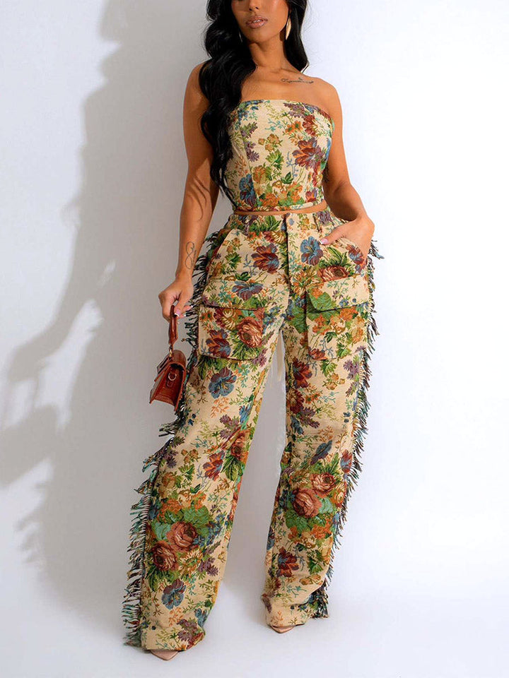 Vintage Tube Top & Fringe Pants Set Blue / L