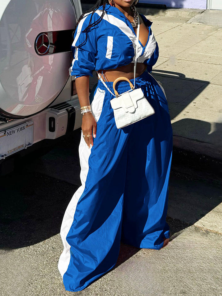 Sporty Crop Jacket & Wide Pants Set Blue / 2XL