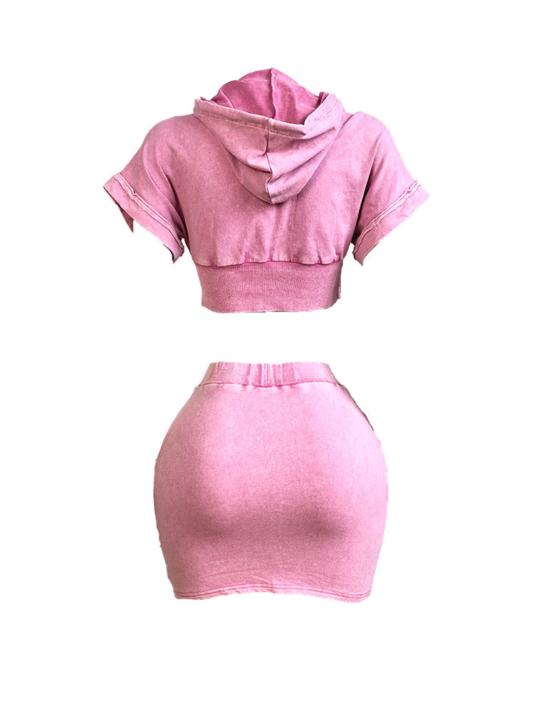 Washed Hoodie Top & Mini Skirt Set Pink / M