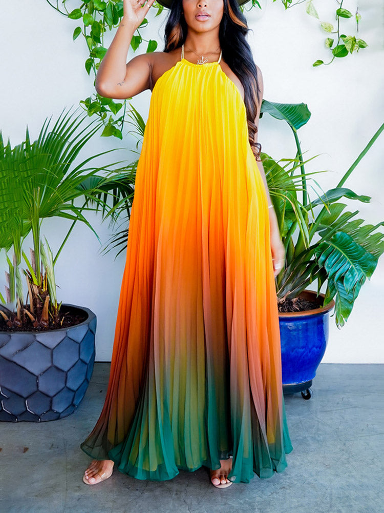 Ombre Pleated Backless Maxi Dress Multicolor / S