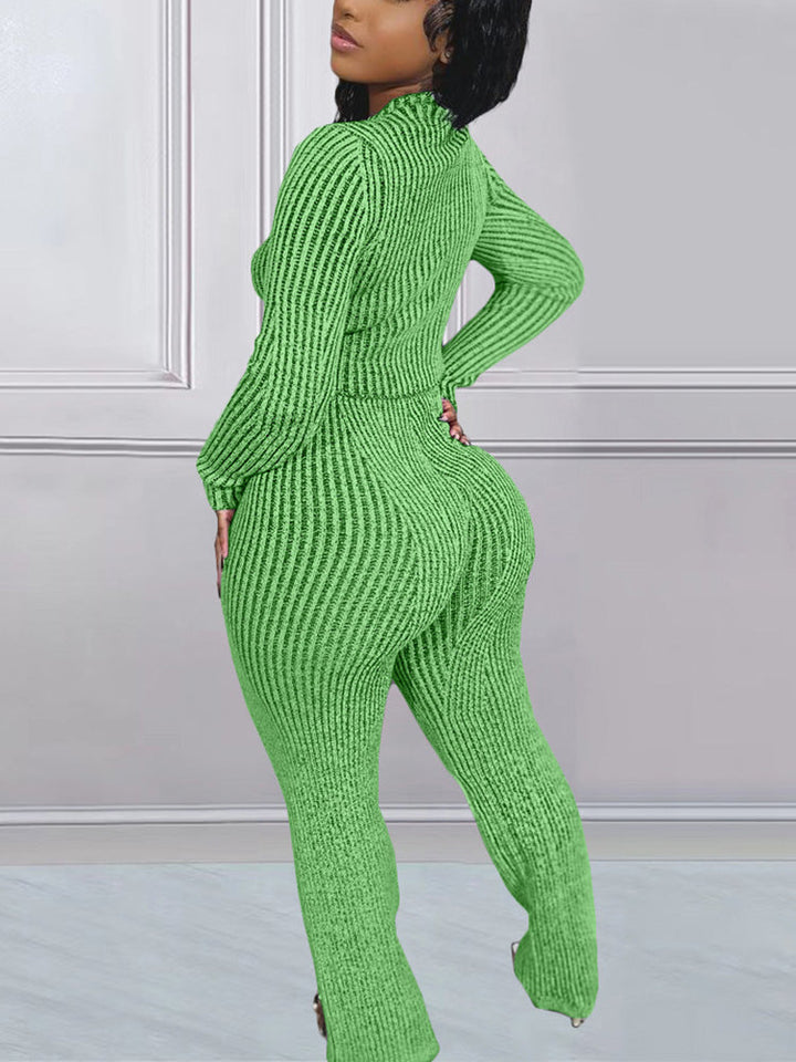 Knit Zipper Crop Top Slim Pants Set *Blue / 2XL