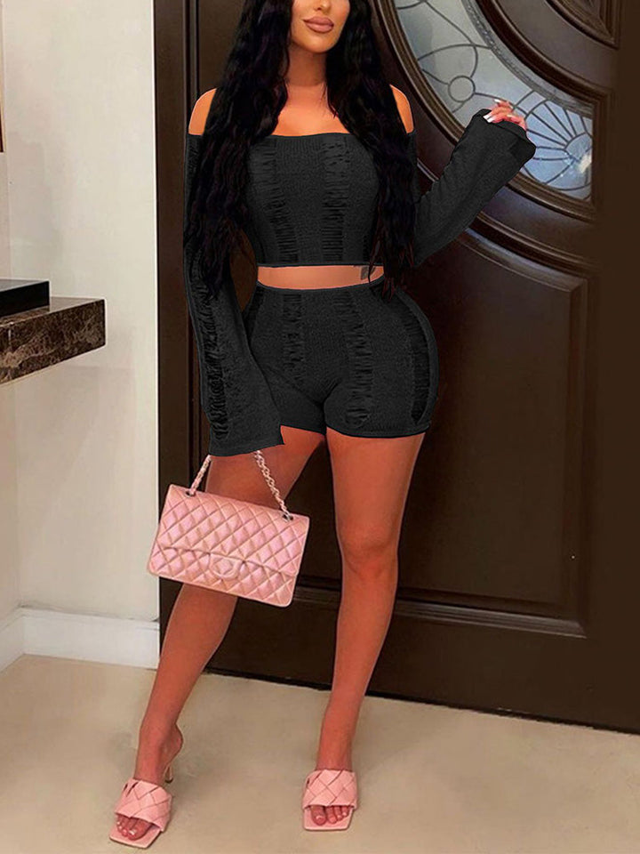 Off Shoulder Backless Shorts Set Pink / L