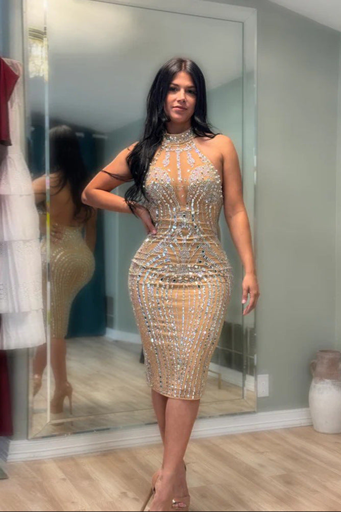 Backless Sleeveless Rhinestone-Embellished Dress