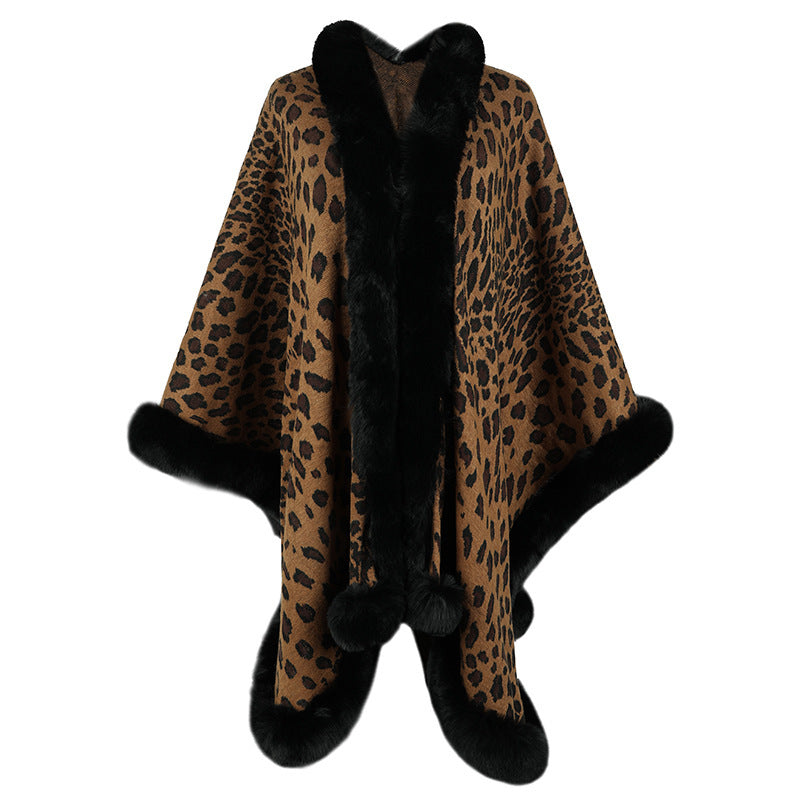 Leopard-Print Faux Fur Collar Cape Cardigan Shawl Sweater