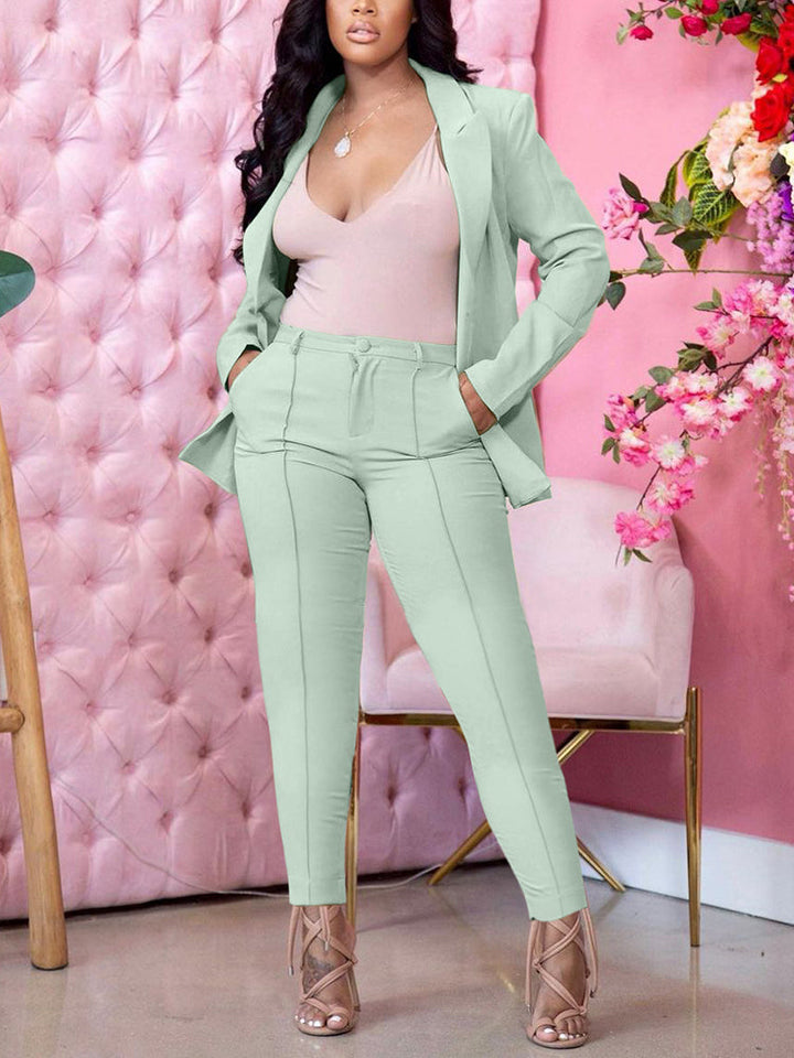 Lapel Collar Blazer Pants Set Light Green / S
