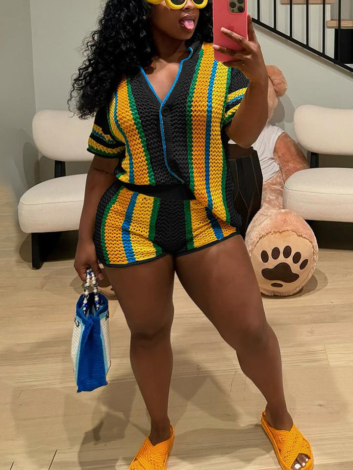 Colorblock Crochet Shorts Set Black / XL
