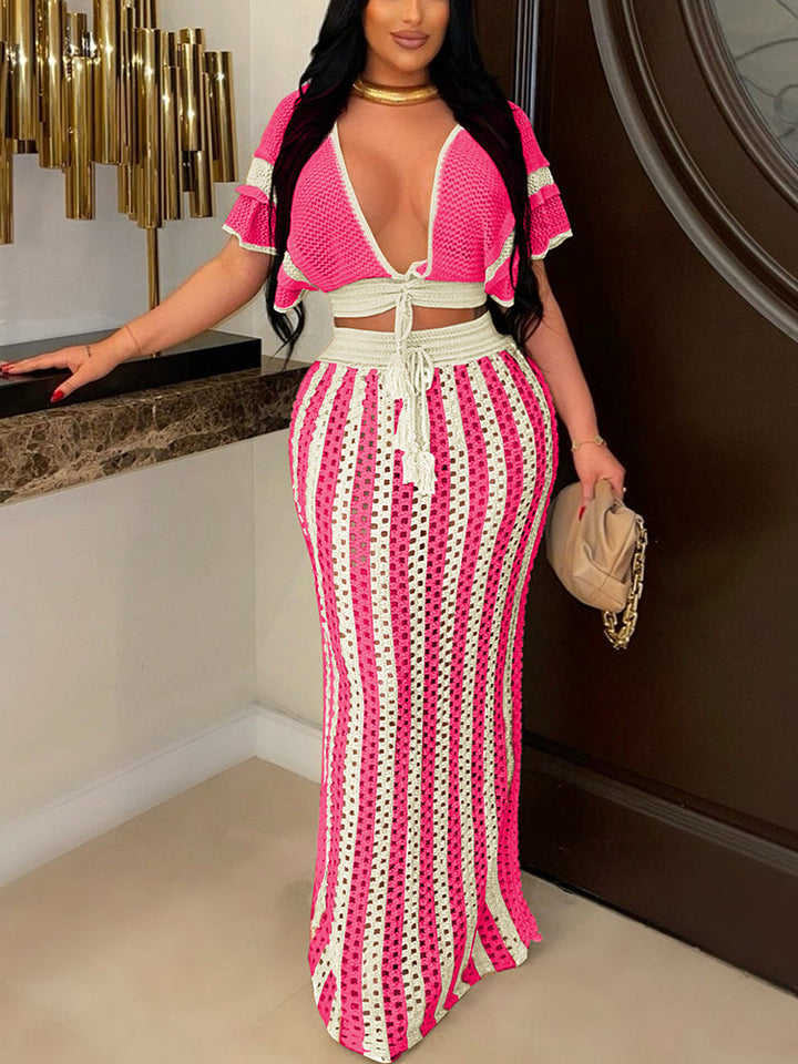 Breezy Crochet Stripe Skirt Set White / XL