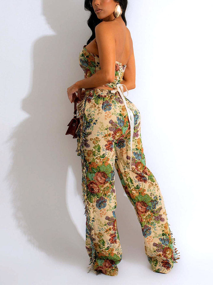 Vintage Tube Top & Fringe Pants Set Blue / XL