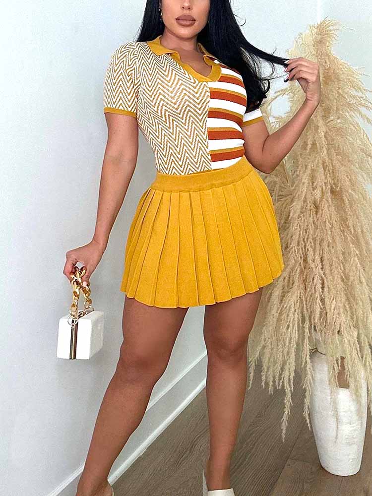 Knit Top & Pleated Skirt Set Yellow / S