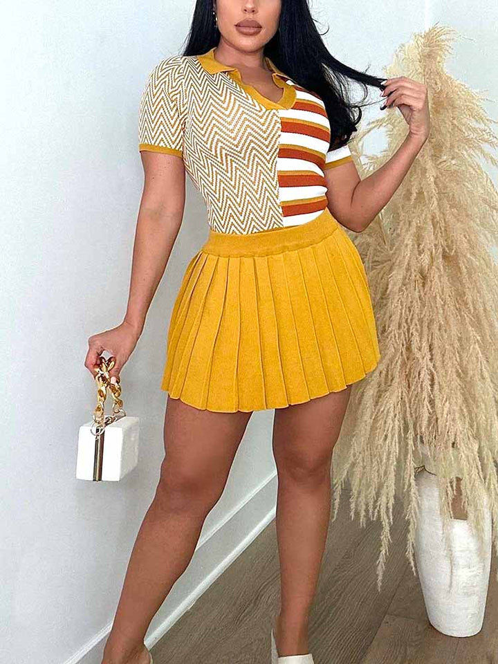 Knit Top & Pleated Skirt Set Yellow / S