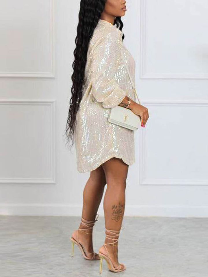 Sequin Shirt Mini Dress Beige / S