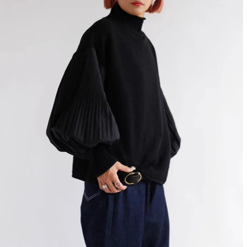 High-Neck Patchwork Pleated Sleeve Solid-Color Knit Sweater