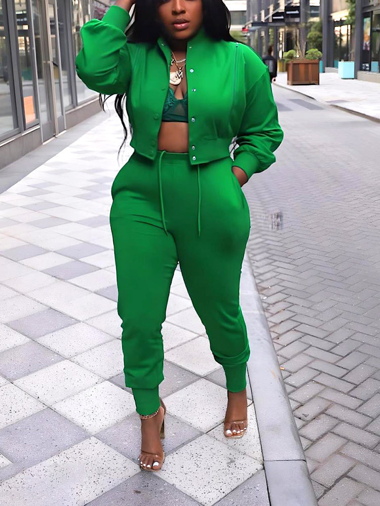 Zipper Crop Jacket Jogger Set Green / M