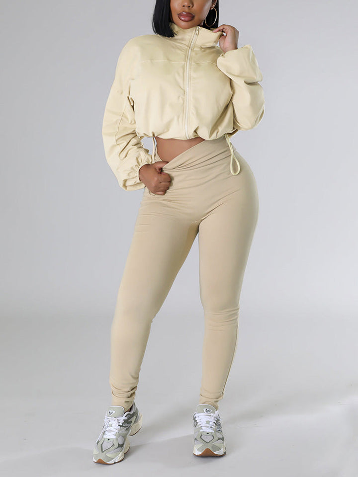 Zipper Crop Top & Leggings Set Apricot / L