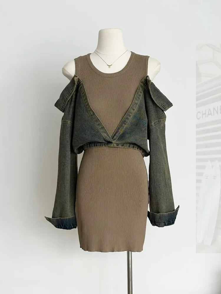 Denim Contrast Ribbed Mini Dress Khaki / M