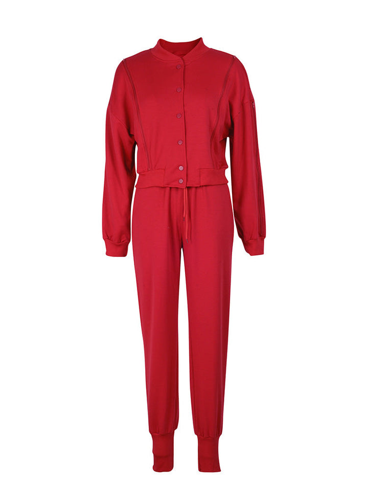 Zipper Crop Jacket Jogger Set Rose / XL