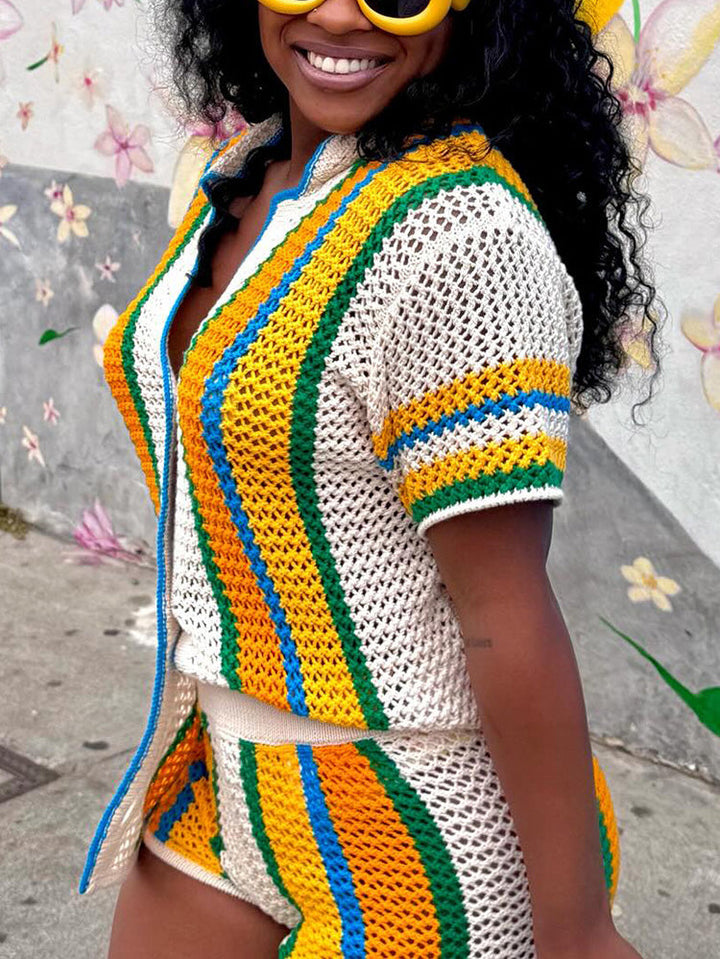 Colorblock Crochet Shorts Set Yellow / XL