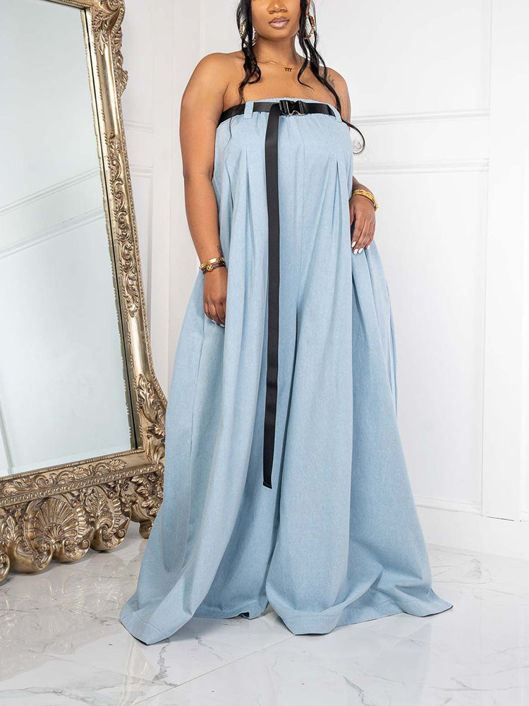 Strapless Loose Jumpsuit With Belt Light Blue / S