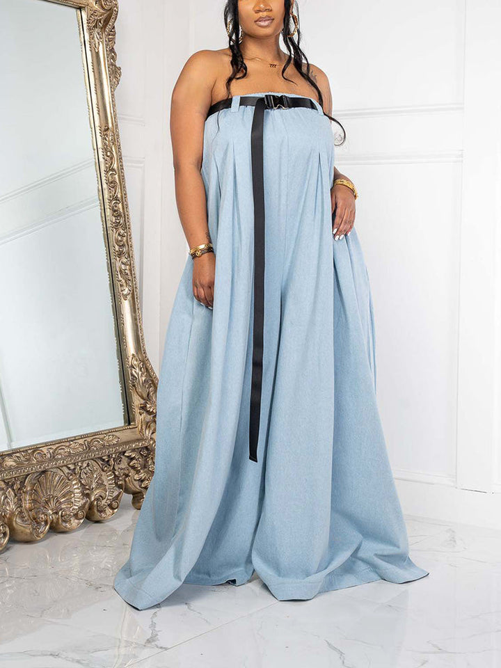 Strapless Loose Jumpsuit With Belt Light Blue / S