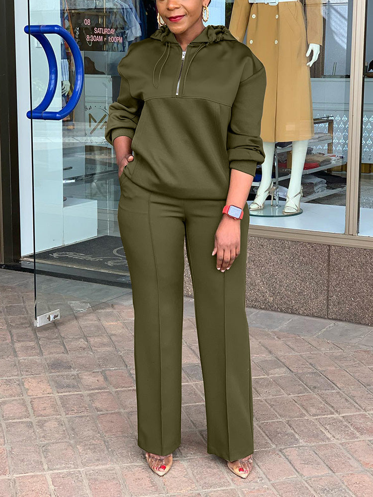Half-Zip Hoodie Wide-Leg Pant Set Olive Green / S