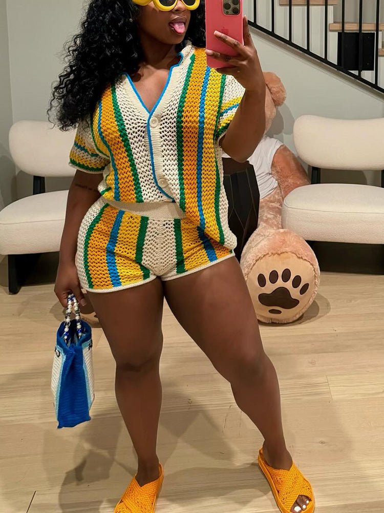 Colorblock Crochet Shorts Set Yellow / M
