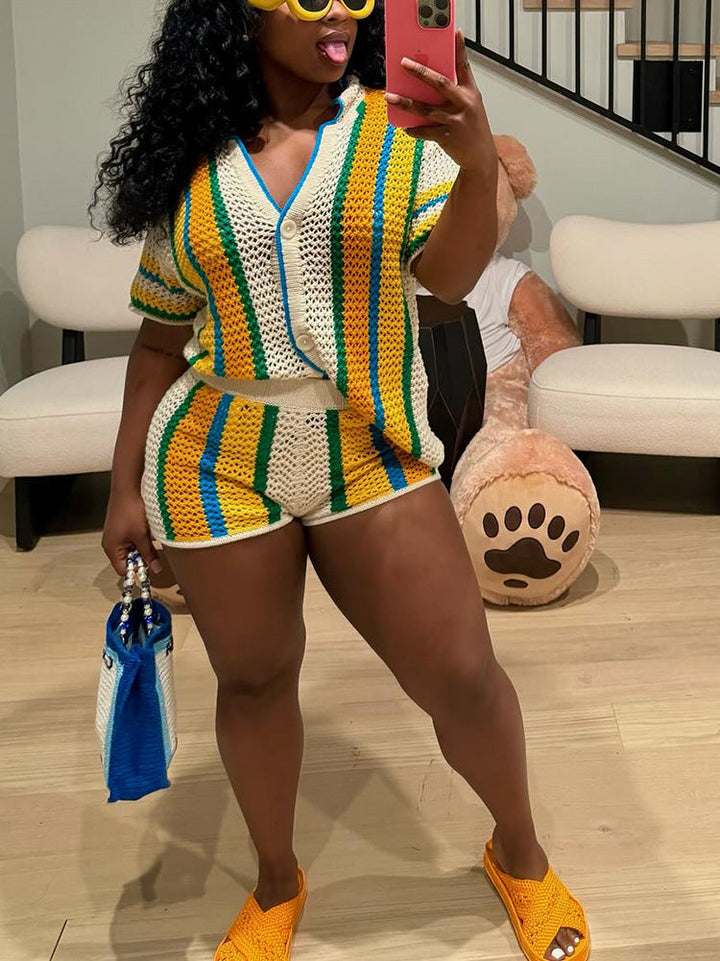Colorblock Crochet Shorts Set Yellow / M