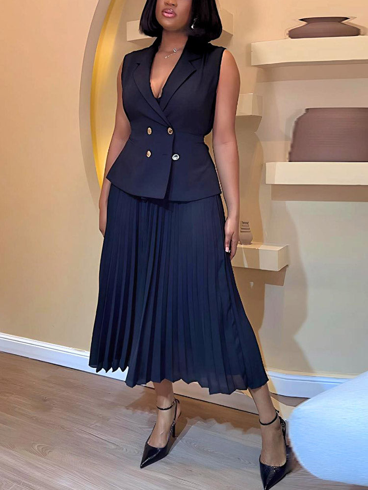 Sleeveless Blazer Pleated Maxi Skirt Set Black / M