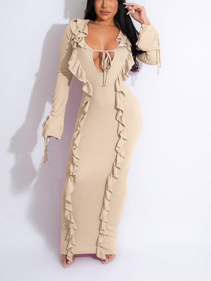 Ruffle Lace-Front Maxi Dress Orange / XL