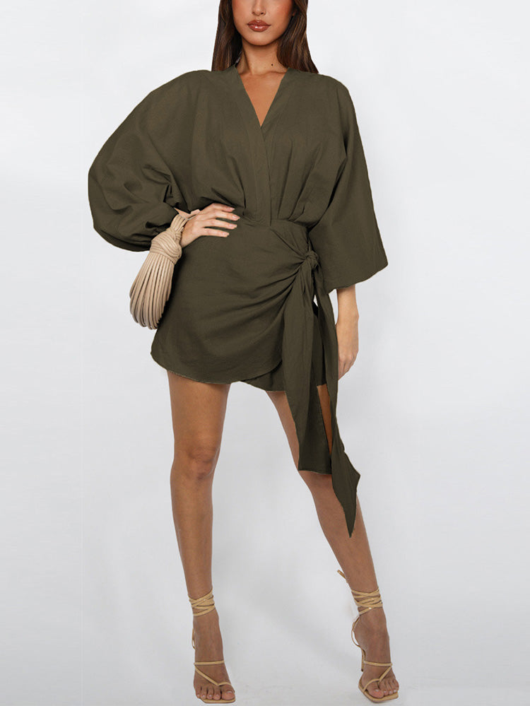 Puff Sleeves Wrap Dress Army Green / M