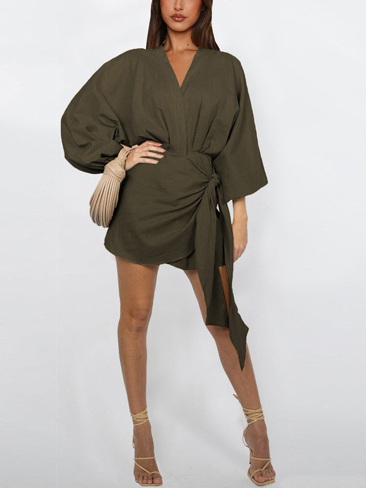 Puff Sleeves Wrap Dress Army Green / M