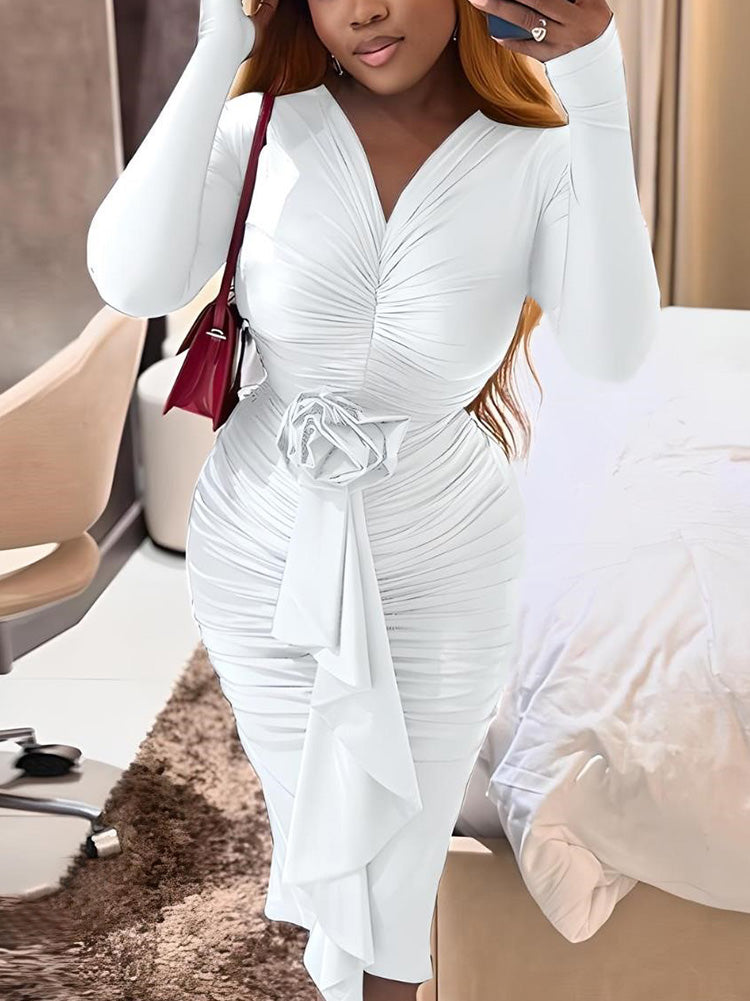 Ruched Rose Drape Dress White / 2XL