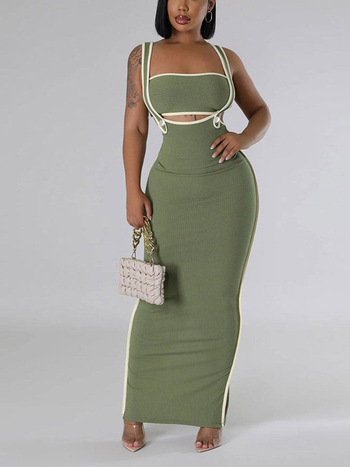 Tube Top Suspender Dress Set Khaki / XL