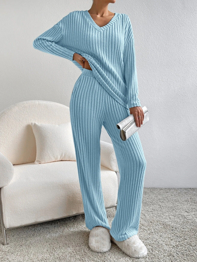 Straight-leg Pants With Relaxed Fit V-Neck Ribbed Knit Set