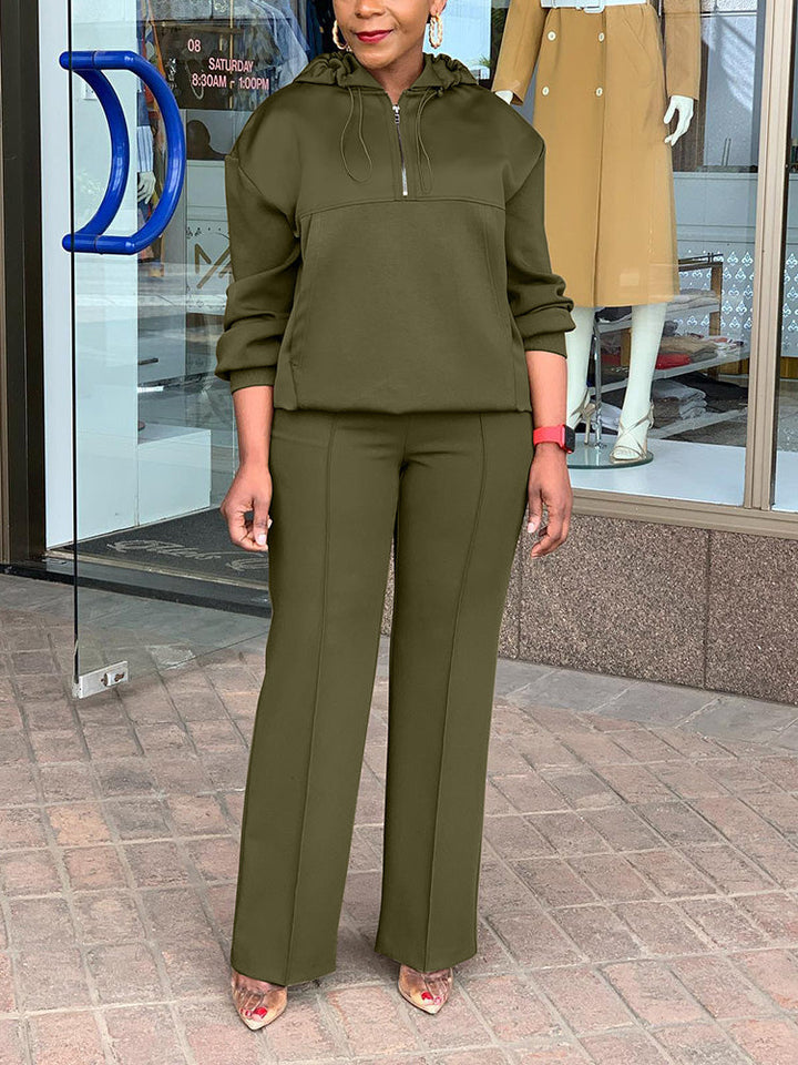 Half-Zip Hoodie Wide-Leg Pant Set Olive Green / M