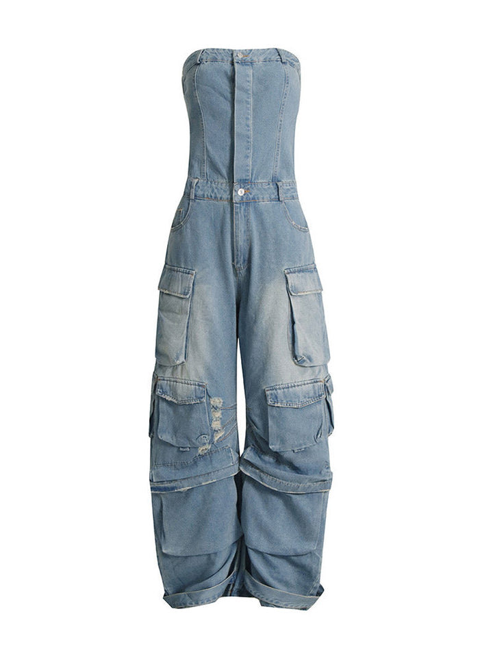 Denim Strapless Cargo Jumpsuit Black Gray / XL