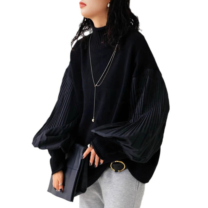 High-Neck Patchwork Pleated Sleeve Solid-Color Knit Sweater