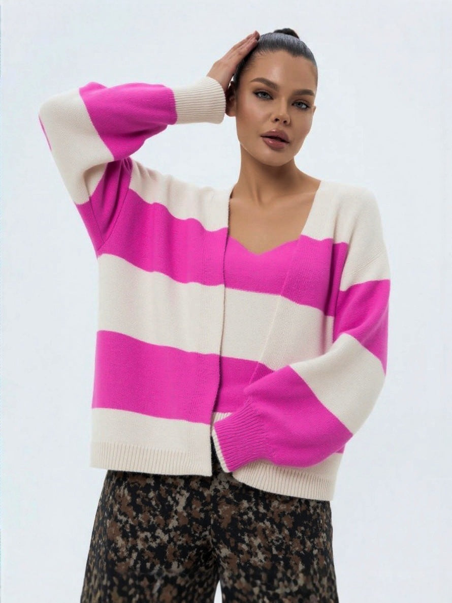 Contrast-Striped Cardigan Knit Sweater