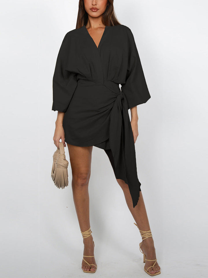 Puff Sleeves Wrap Dress Red / M