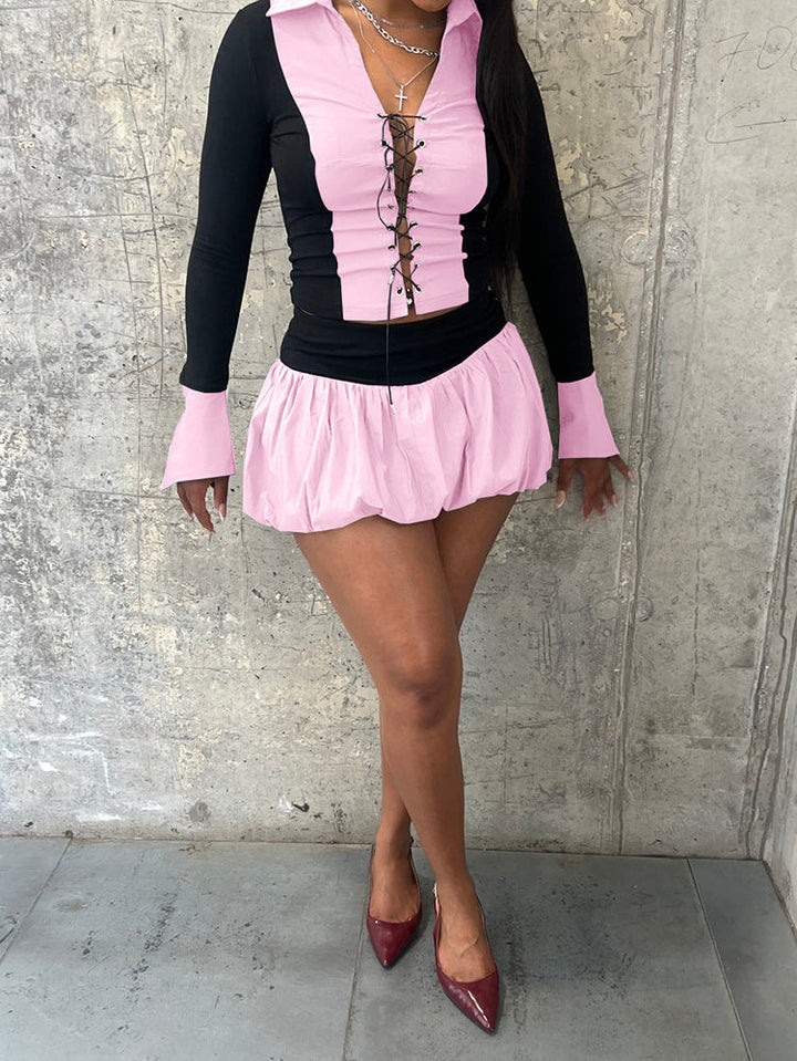 Lace-Up Top & Bubble Skort Set Sky Blue / XL